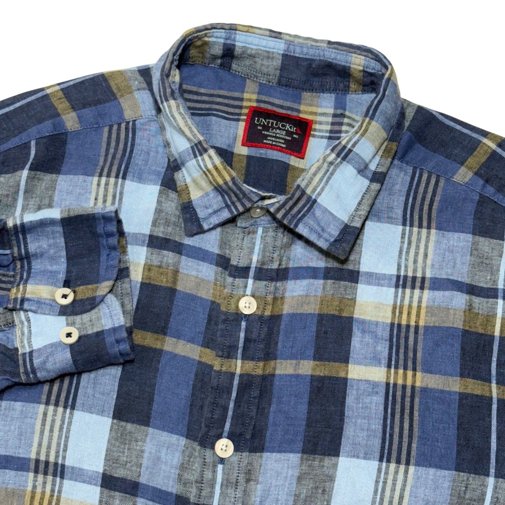 UNTUCKit Button Down Shirt Mens Large Blue‎ Plaid 100% Linen Wrinkle Resistant